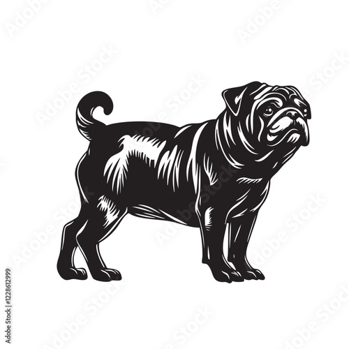 Illustration vector of pug dog in vintage woodcut style with detailed line work and dramatic shading on a white background. Easy editable layere. Pet. Animals.