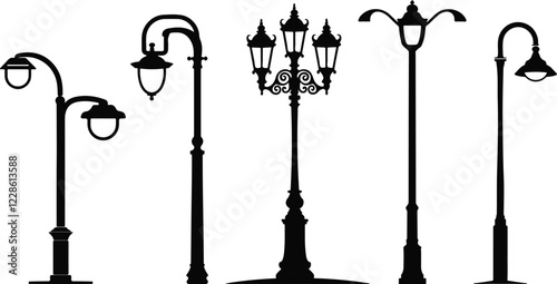 Vintage Street Lamp Silhouette vector collection on white background.
