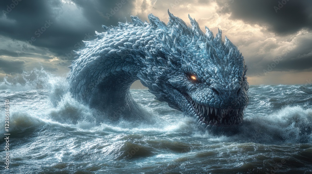 Fototapeta premium A massive sea serpent emerges from turbulent waters under a stormy sky.