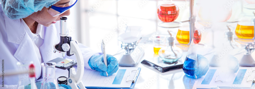 Fototapeta premium Banner Scientist woman holding chemical test yellow glass tube testing science laboratory. Lab technician holding gold fluid dropper glass tube Urine sample. Asian woman scientist with copy space