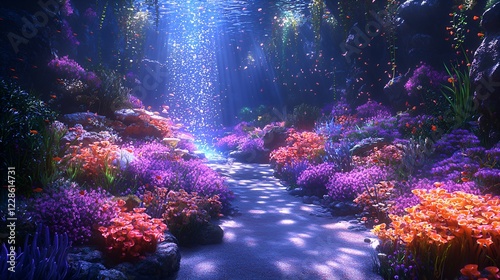 Underwater coral reef path, vibrant marine life, sunlit ocean floor, serene background, ideal for travel photo