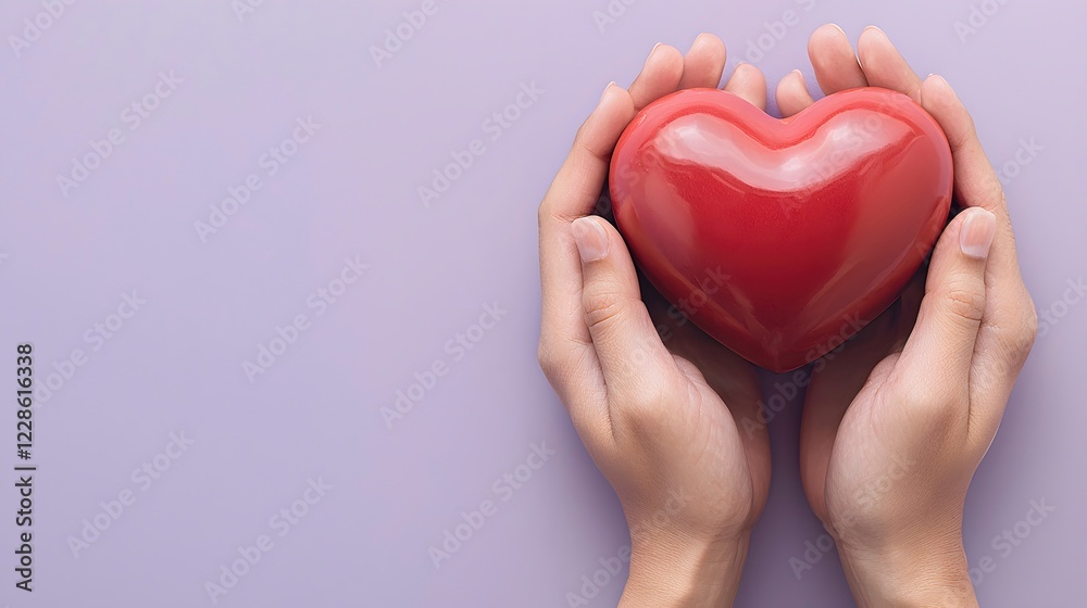 Fototapeta premium Hands Holding Red Heart Symbol on Soft Lavender Background