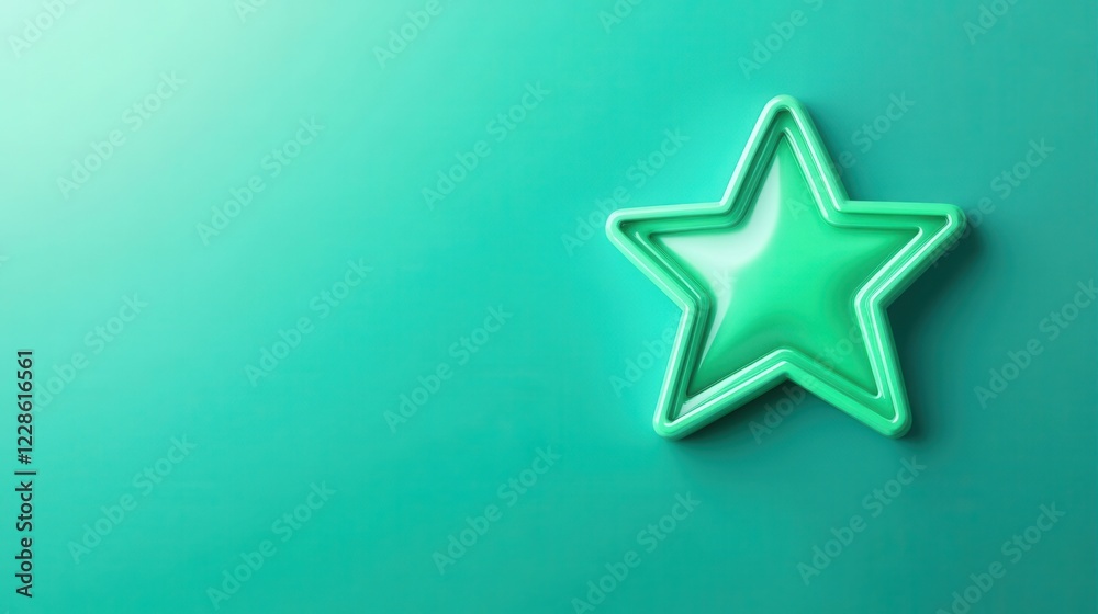 Green Glowing Star Symbol with Tick Inside on Teal Background Green Glowing Star Symbol with Tick Inside on Teal Background