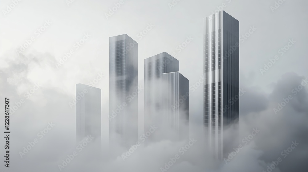 Misty Urban Landscape with Modern Skyscrapers in Cloudy Atmosphere Misty Urban Landscape with Modern Skyscrapers in Cloudy Atmosphere