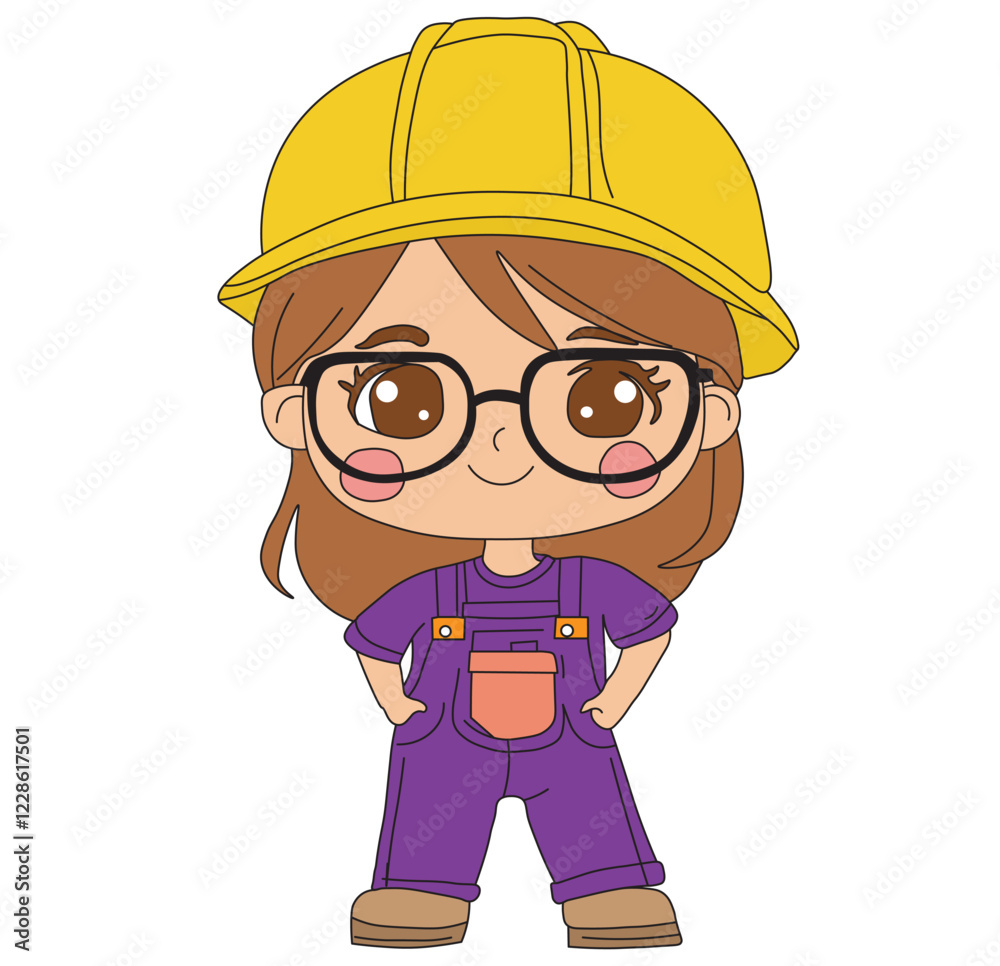 Cute Cartoon Girl in Overalls and Hard Hat Female Construction Worker Illustration. Adorable cartoon girl wearing overalls and a hard hat, representing a cheerful and hardworking female worker. Cute Cartoon Girl in Overalls and Hard Hat Female Construction Worker Illustration. Adorable cartoon girl wearing overalls and a hard hat, representing a cheerful and hardworking female worker.
