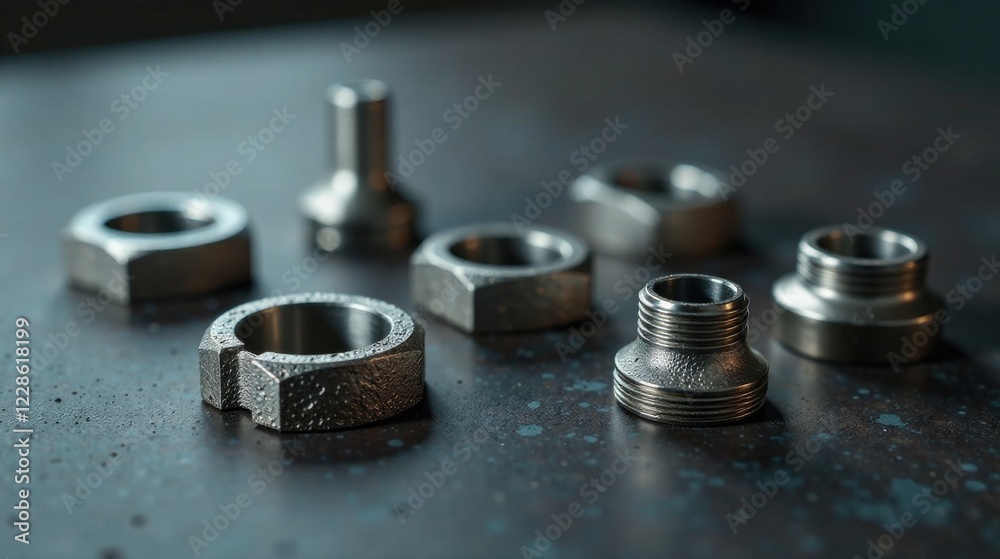 Close-up view of various metallic fasteners and connectors arranged on a dark textured surface. Close-up view of various metallic fasteners and connectors arranged on a dark textured surface.