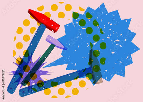 Risograph Hammer with speech bubble with geometric shapes. Objects in trendy riso graph print texture style design with geometry elements.