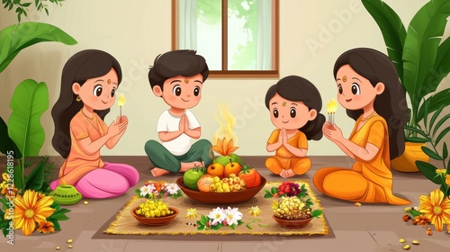 Illustration of children performing a Hindu religious ritual with offerings, symbolizing tradition, faith, and devotion photo