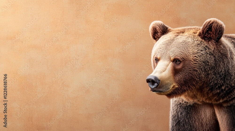 Obraz premium Majestic Brown Bear: A Powerful Portrait Against a Textured Beige Background, Evoking Wildness and Strength in Nature Photography