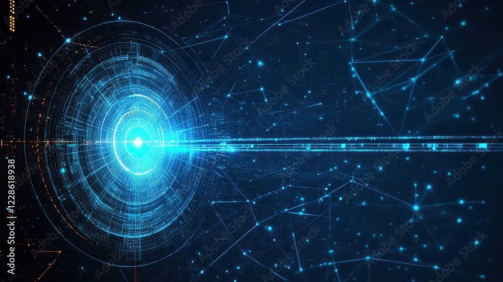 Fototapeta premium Abstract digital background with glowing circles and network connections. Ideal for tech, AI, or futuristic concepts.