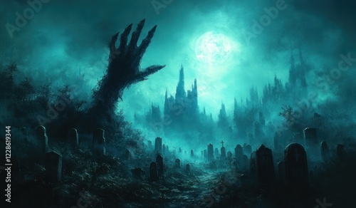 Zombie Hand Rising From Graveyard At Night Under Eerie Moonlight photo