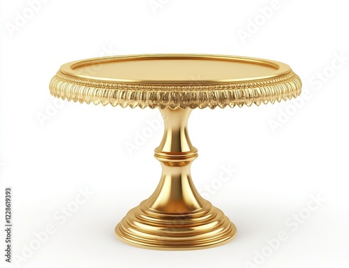 Elegant gold cake stand, round, ornate base, isolated.