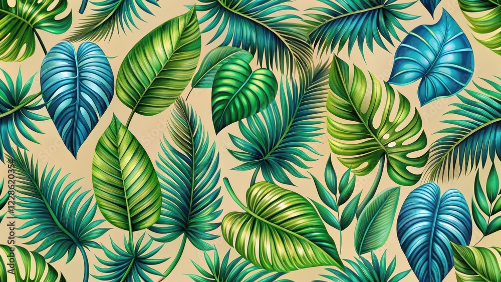 Exotic tropical leaves seamless pattern with bright green and blue hues on a light brown background, nature, pattern, nature Exotic tropical leaves seamless pattern with bright green and blue hues on a light brown background, nature, pattern, nature