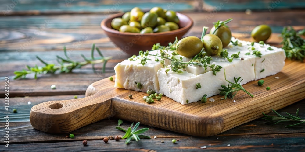 Crumbly white feta cheese with fresh thyme and green olives on a rustic wooden board, greek cuisine Crumbly white feta cheese with fresh thyme and green olives on a rustic wooden board, greek cuisine