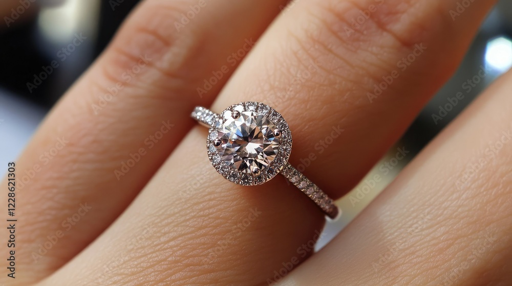 A beautifully designed engagement ring, the diamond shining brightly on a woman's hand A beautifully designed engagement ring, the diamond shining brightly on a woman's hand