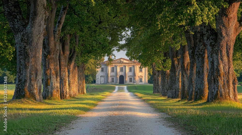 Tree-lined driveway to villa at sunset, rural landscape Tree-lined driveway to villa at sunset, rural landscape