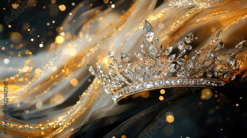 A beauty pageant crown featuring crystal details against a black and gold abstract background, showcasing grandeur
