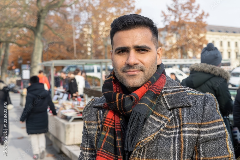 A man wearing a stylish plaid coat and scarf stands outdoors, surrounded by people and autumn foliage. A man wearing a stylish plaid coat and scarf stands outdoors, surrounded by people and autumn foliage.