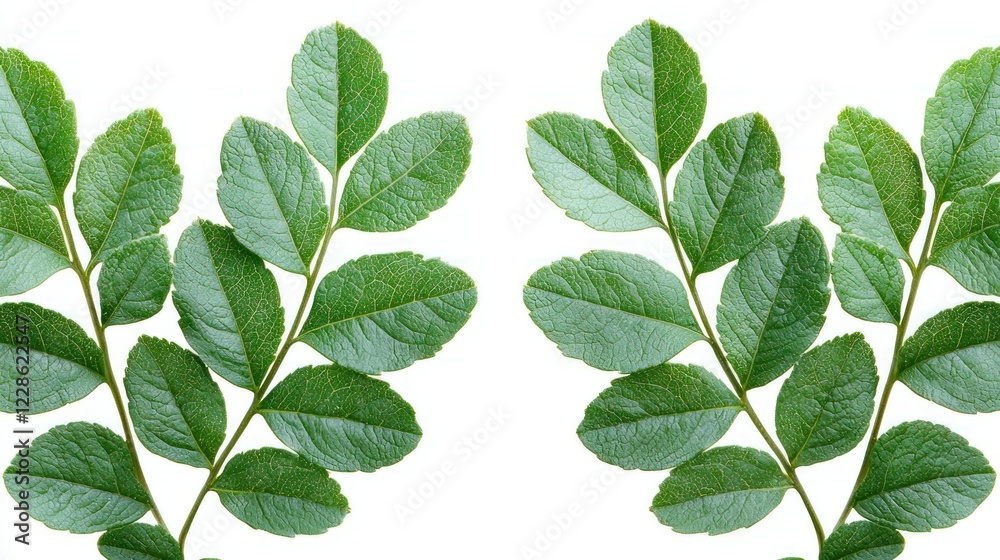 Fototapeta premium Twin green leaf branches isolated on white for design