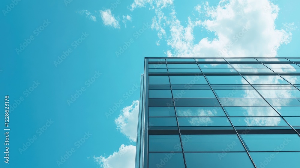 A contemporary warehouse building with expansive glass windows, under a clear blue sky with white clouds A contemporary warehouse building with expansive glass windows, under a clear blue sky with white clouds
