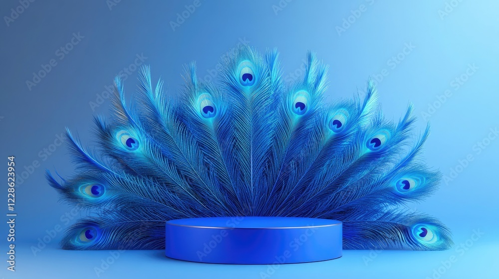 Obraz premium A gleaming blue luxury podium, elegantly positioned on vivid peacock feathers, set against a serene gradient blue background. Perfect for product display.