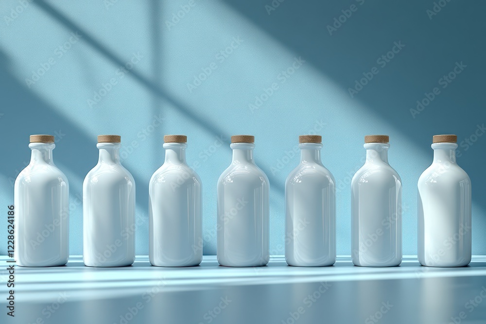 Seven White Bottles in a Row with Light Blue Background Seven White Bottles in a Row with Light Blue Background