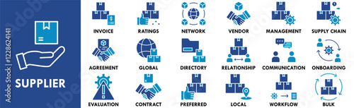 Supplier icon collection set. Containing design supplier, business, service, industry, distribution