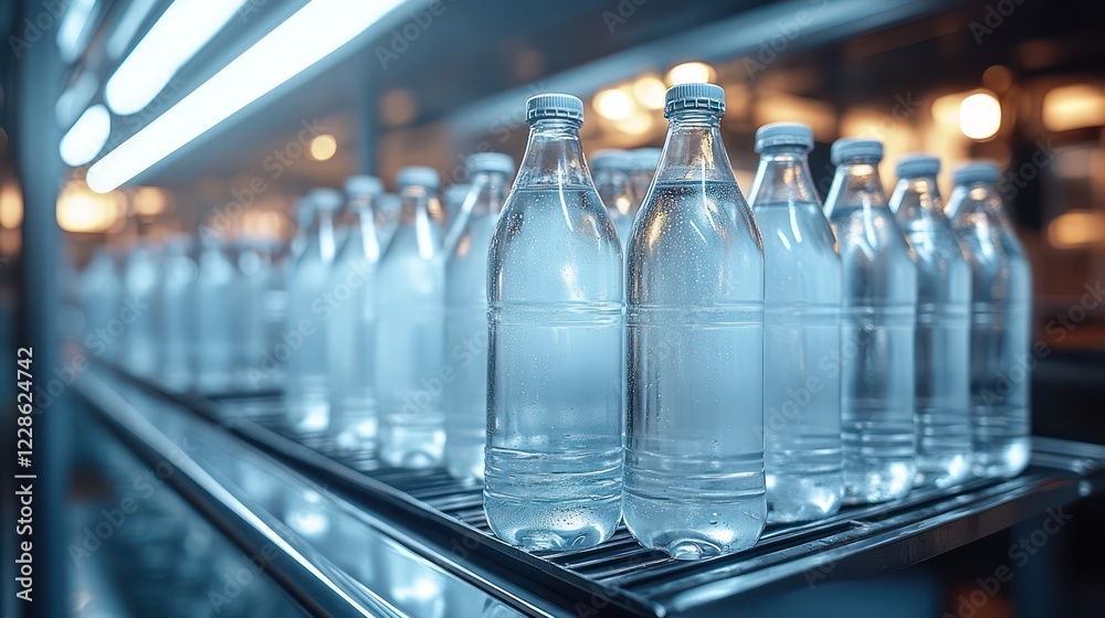 Bottled Water Production Line: Rows of Sparkling Clean Plastic Bottles on Conveyor Belt Bottled Water Production Line: Rows of Sparkling Clean Plastic Bottles on Conveyor Belt