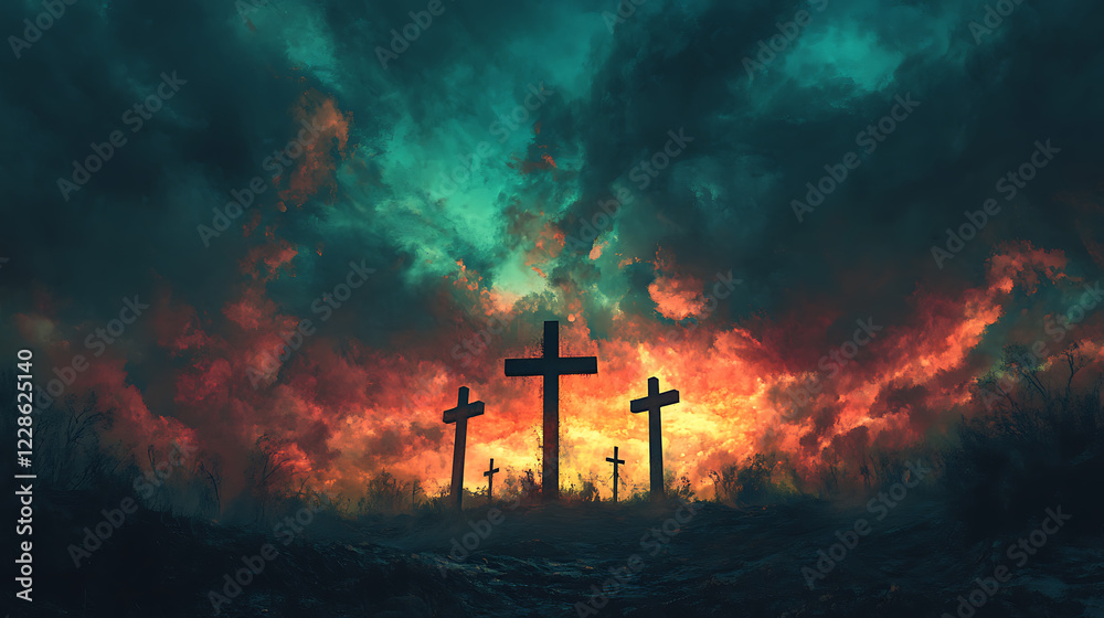 Fototapeta premium Calvary seen from afar, the crosses standing out against a sky filled with swirling dark clouds, the horizon glowing faintly with the last light of day,