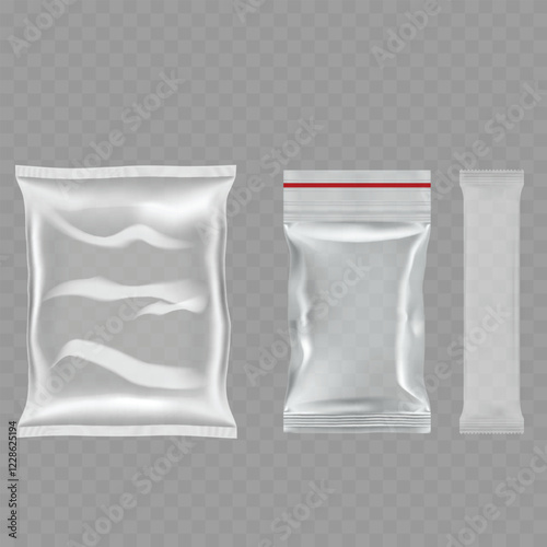 Realistic Transparent Plastic Packaging Bags Mockup Set on Transparent Background Vector