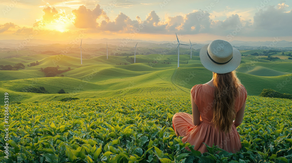 Fototapeta premium woman in hat sits on green hill, enjoying sunset view with wind turbines
