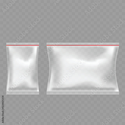 Realistic Transparent Plastic Packaging Bags Mockup Set on Transparent Background Vector