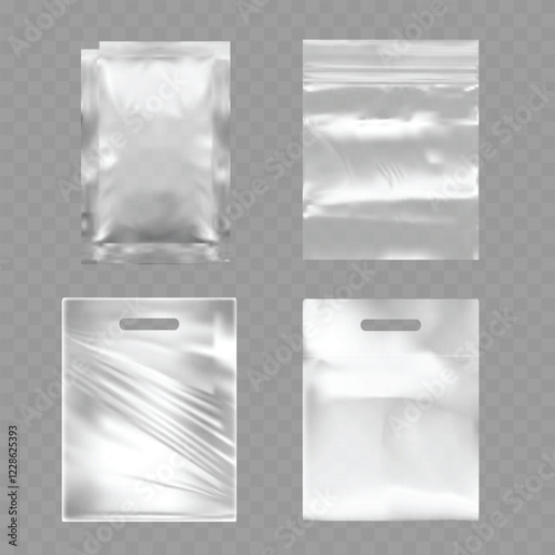 Realistic Transparent Plastic Packaging Bags Mockup Set on Transparent Background Vector