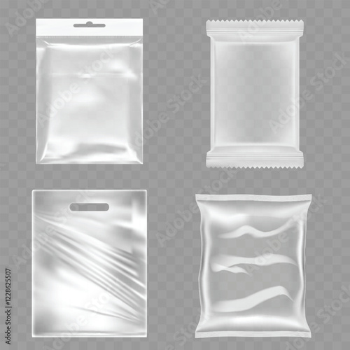 Realistic Transparent Plastic Packaging Bags Mockup Set on Transparent Background Vector