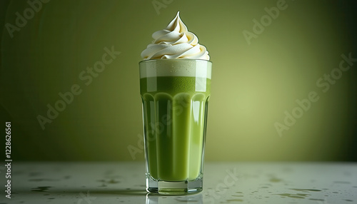 Luxurious Matcha Green Tea Frappe with Whipped Cream on Dark Background photo