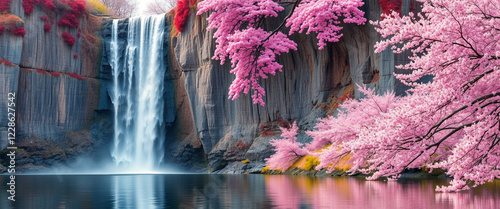Waterfall with pink trees in fantasy landscape