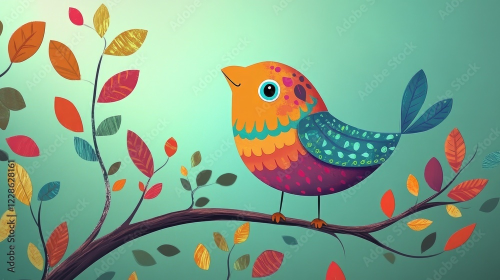 A vibrant, quirky cartoon bird perched on a whimsical tree branch in a lively, child-friendly setting A vibrant, quirky cartoon bird perched on a whimsical tree branch in a lively, child-friendly setting