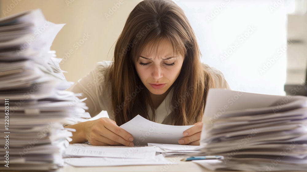 Office burnout concept, young woman struggling with paperwork, financial pressure Office burnout concept, young woman struggling with paperwork, financial pressure