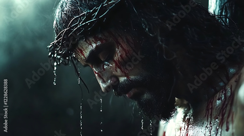 Jesus on the cross as a Roman soldier pierces His side, a close-up of the spear entering His body, vital fluid cascading down vividly, the stormy sky in the background glowing with faint lightning,