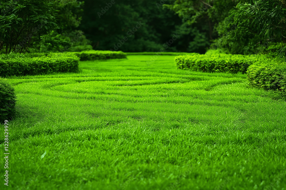 Obraz premium Lush green maze made of manicured grass and hedges in serene garden