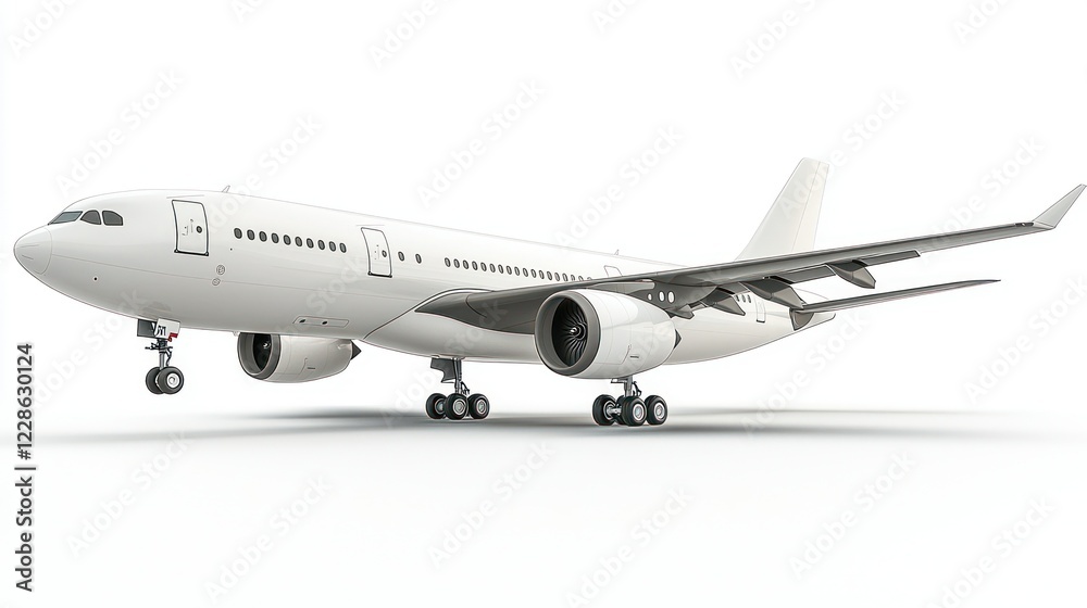 White airplane landing on white background, ready for mockup White airplane landing on white background, ready for mockup