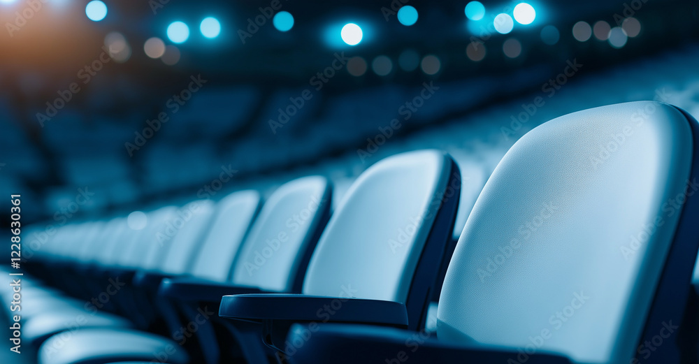 Fototapeta premium Empty stadium seats create serene atmosphere, showcasing design and layout of modern sports venue. blue lighting adds calming effect to scene