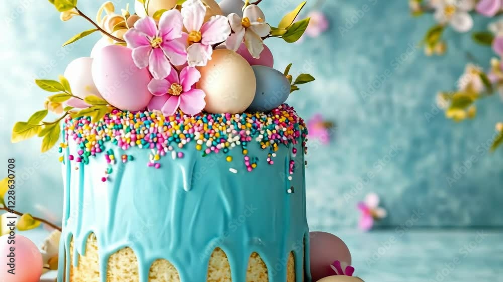 Pastel easter cake with spring blossoms and colorful eggs on blue background. Happy Easter