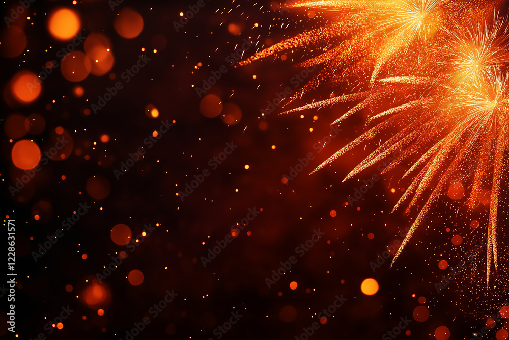 Fototapeta premium Bright fireworks bursting in night sky, creating vibrant display of orange and gold sparks against dark background, evoking festive atmosphere