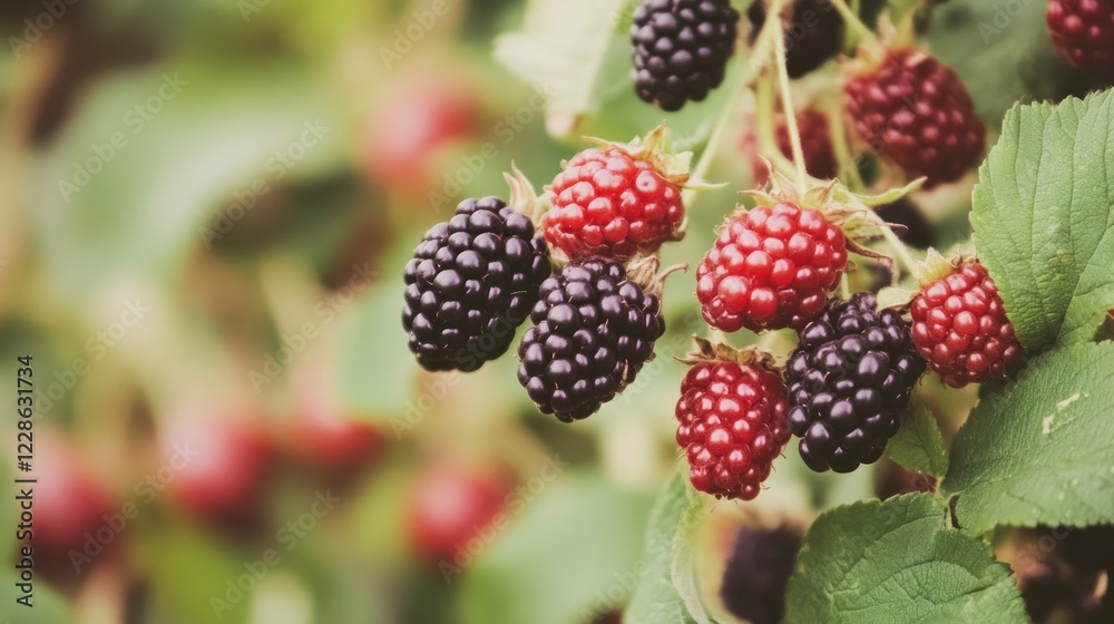 Ripe Blackberries and Raspberries on the Bush Ripe Blackberries and Raspberries on the Bush