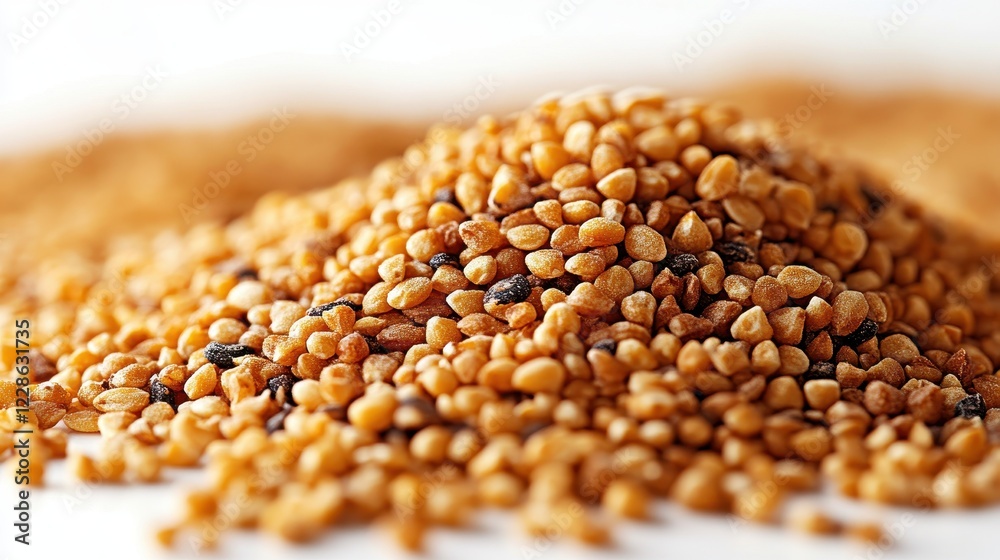 Obraz premium A close-up of a mound of mustard seeds on a light background.