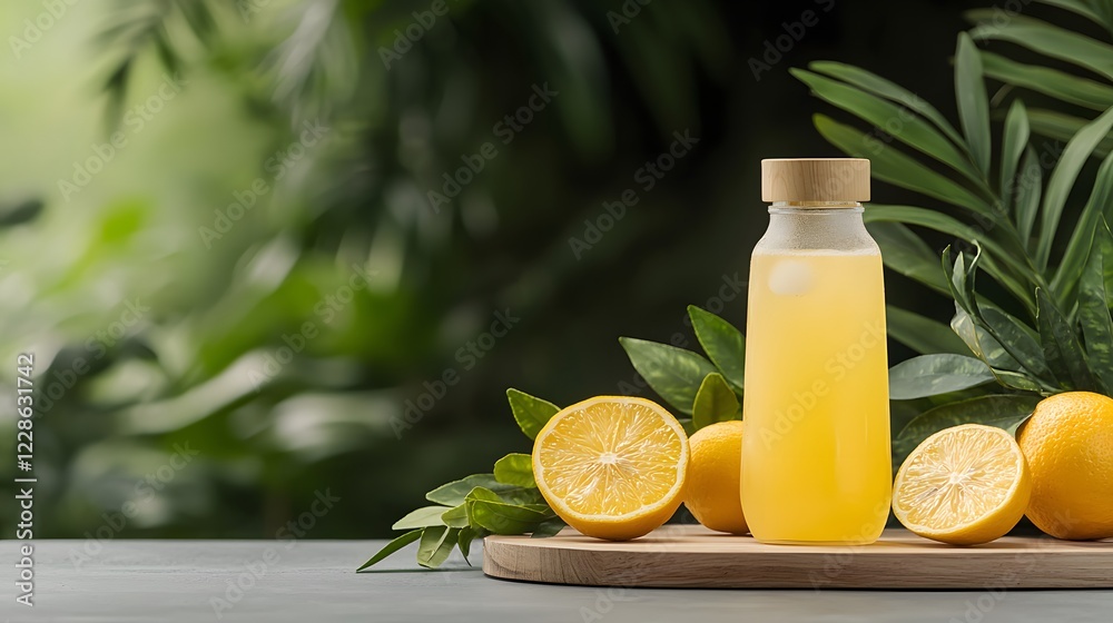 Fototapeta premium Refreshing Outdoor Detox Retreat with Citrus Drink Surrounded by Fresh Ingredients and Lush Greenery for a Healthy Lifestyle