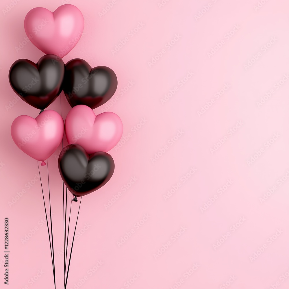 Festive Pink and Black Heart Balloons on Soft Pink Background: Romantic and Elegant Valentine's Day Design Festive Pink and Black Heart Balloons on Soft Pink Background: Romantic and Elegant Valentine's Day Design