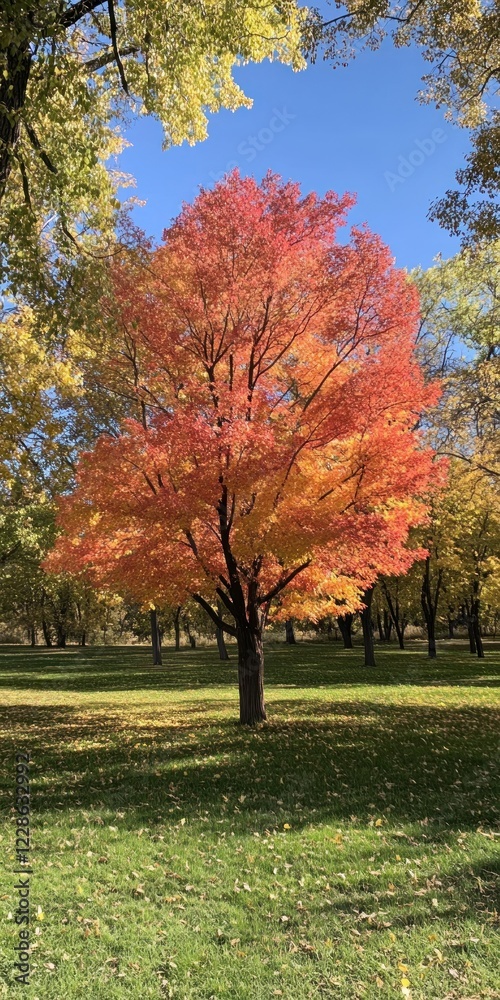 Vibrant Autumn Tree in a Sunny Park Setting Vibrant Autumn Tree in a Sunny Park Setting