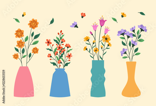 Flat flower in vase collection vector illustration